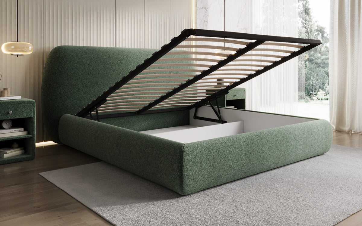 Designer gestoffeerd bed Nella in structuurstof met opbergruimte