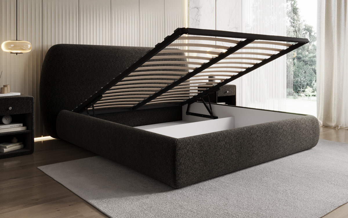 Designer gestoffeerd bed Nella in structuurstof met opbergruimte