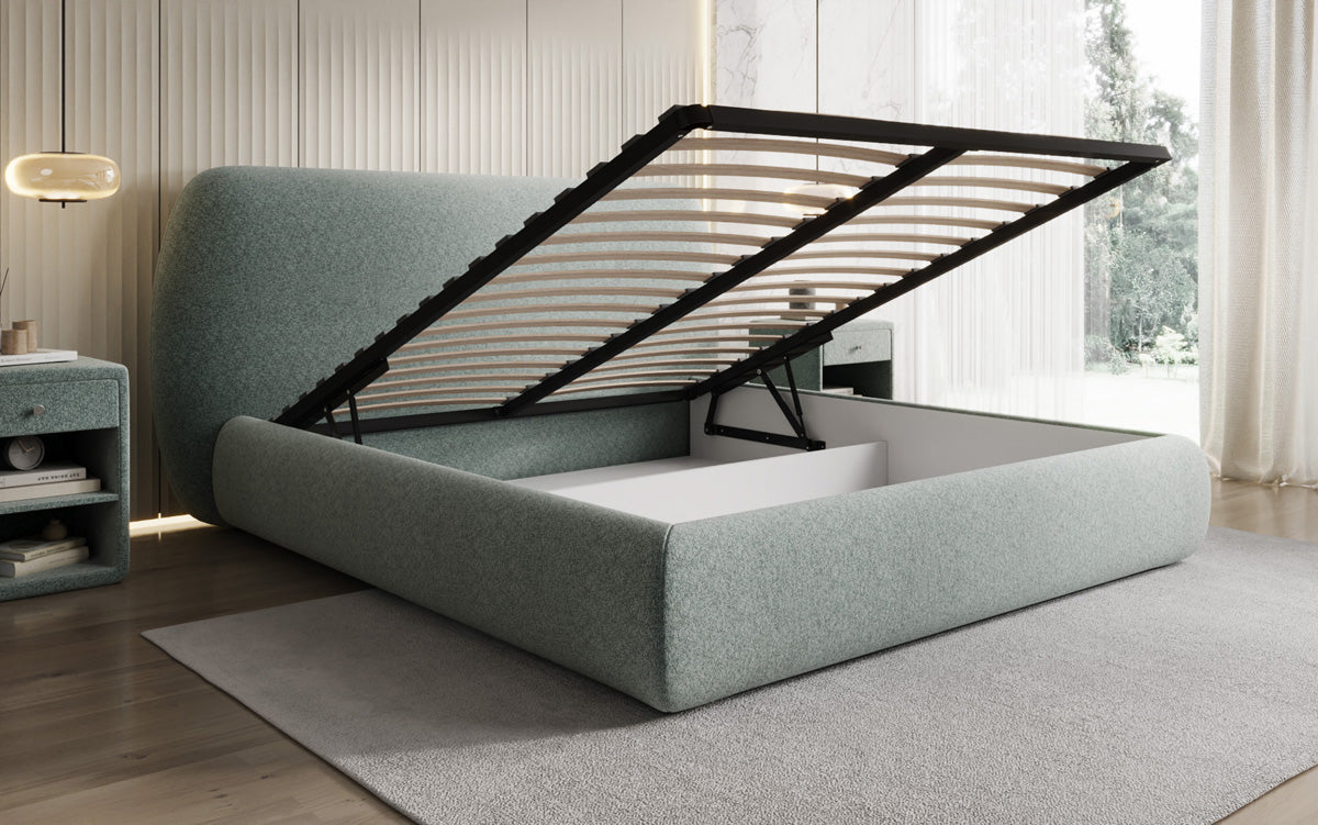 Designer gestoffeerd bed Nella in structuurstof met opbergruimte