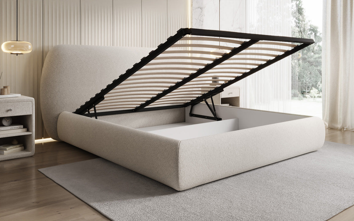 Designer gestoffeerd bed Nella in structuurstof met opbergruimte