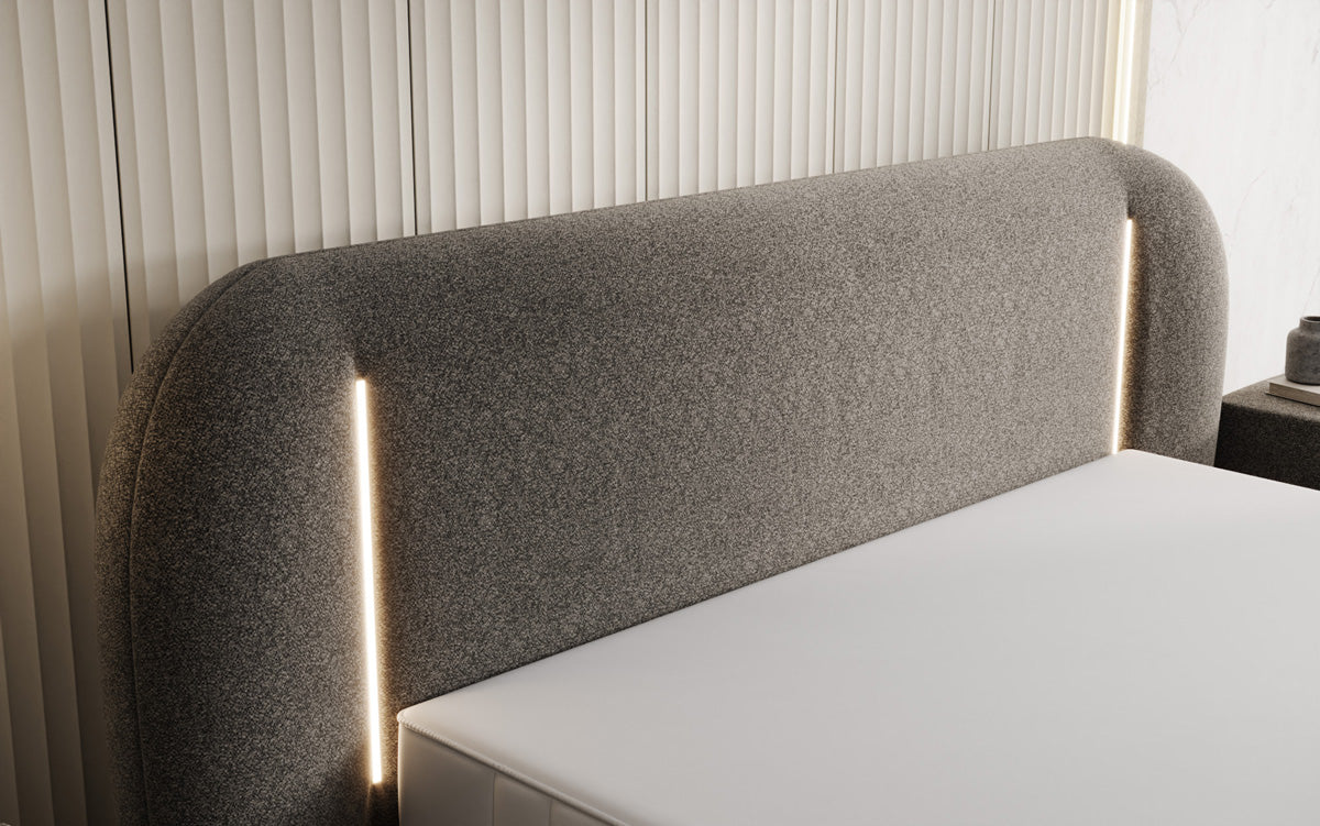 Designer gestoffeerd bed Momo in structuurstof met opbergruimte en ledverlichting