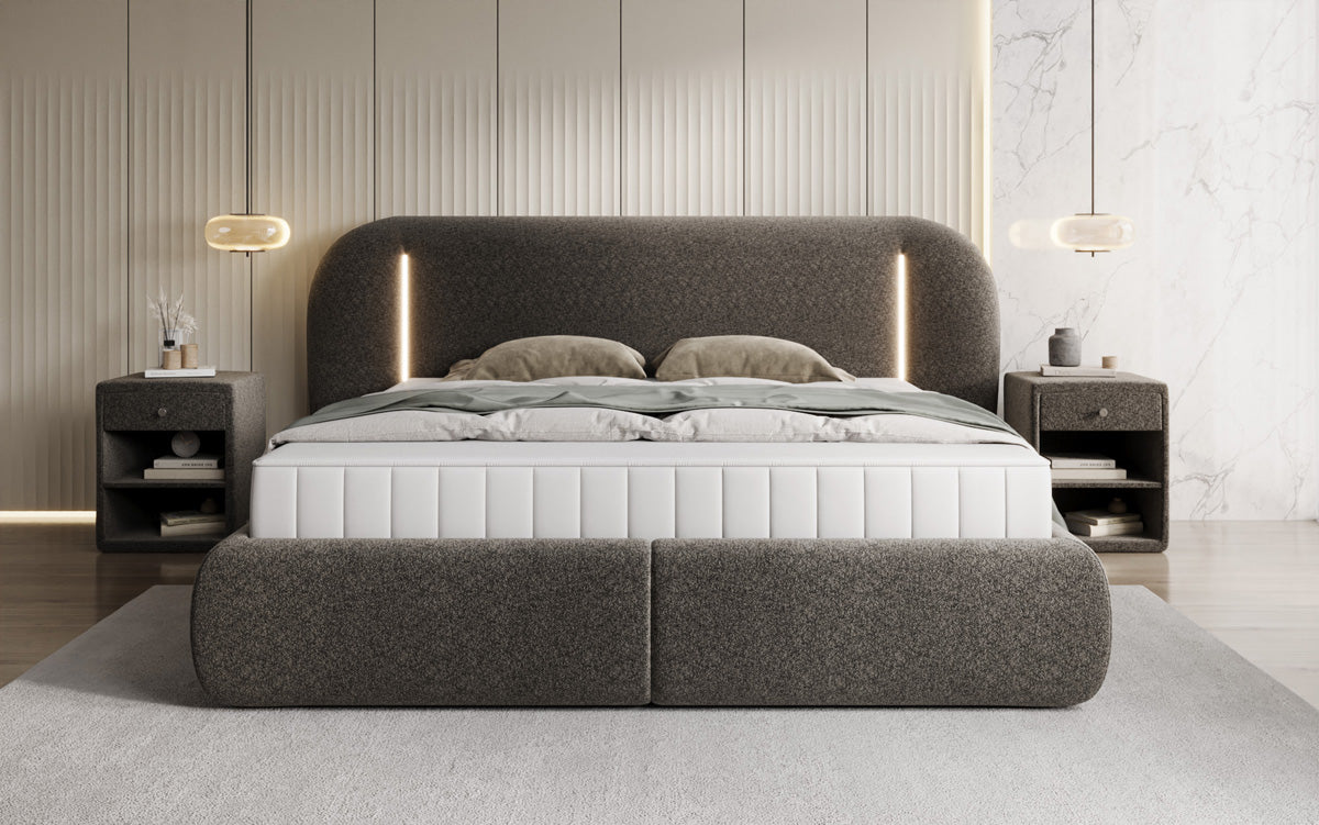 Designer gestoffeerd bed Momo in structuurstof met opbergruimte en ledverlichting