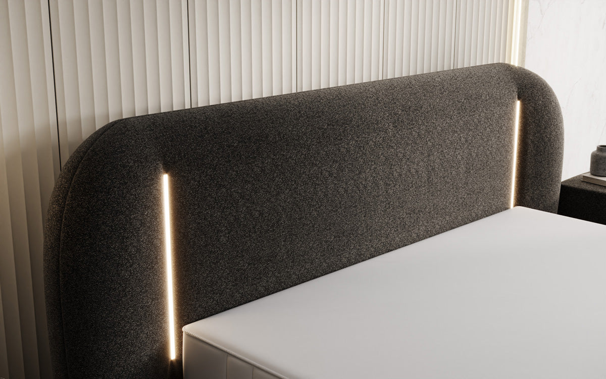 Designer gestoffeerd bed Momo in structuurstof met opbergruimte en ledverlichting