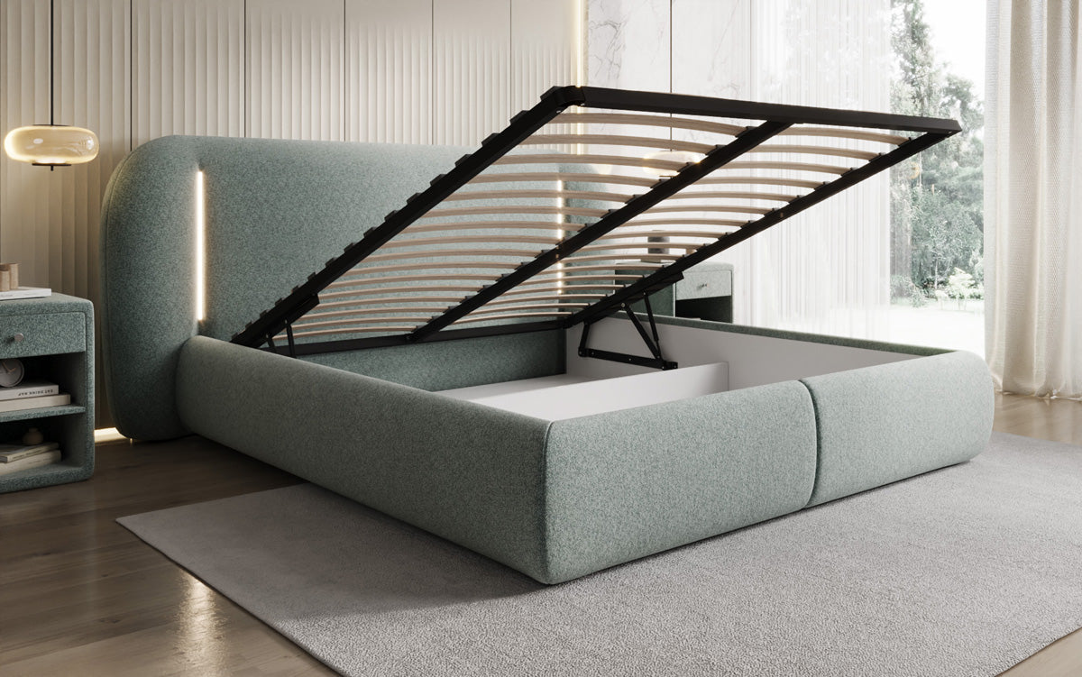 Designer gestoffeerd bed Momo in structuurstof met opbergruimte en ledverlichting