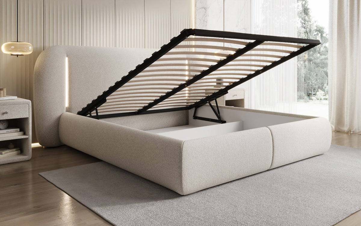 Designer gestoffeerd bed Momo in structuurstof met opbergruimte en ledverlichting