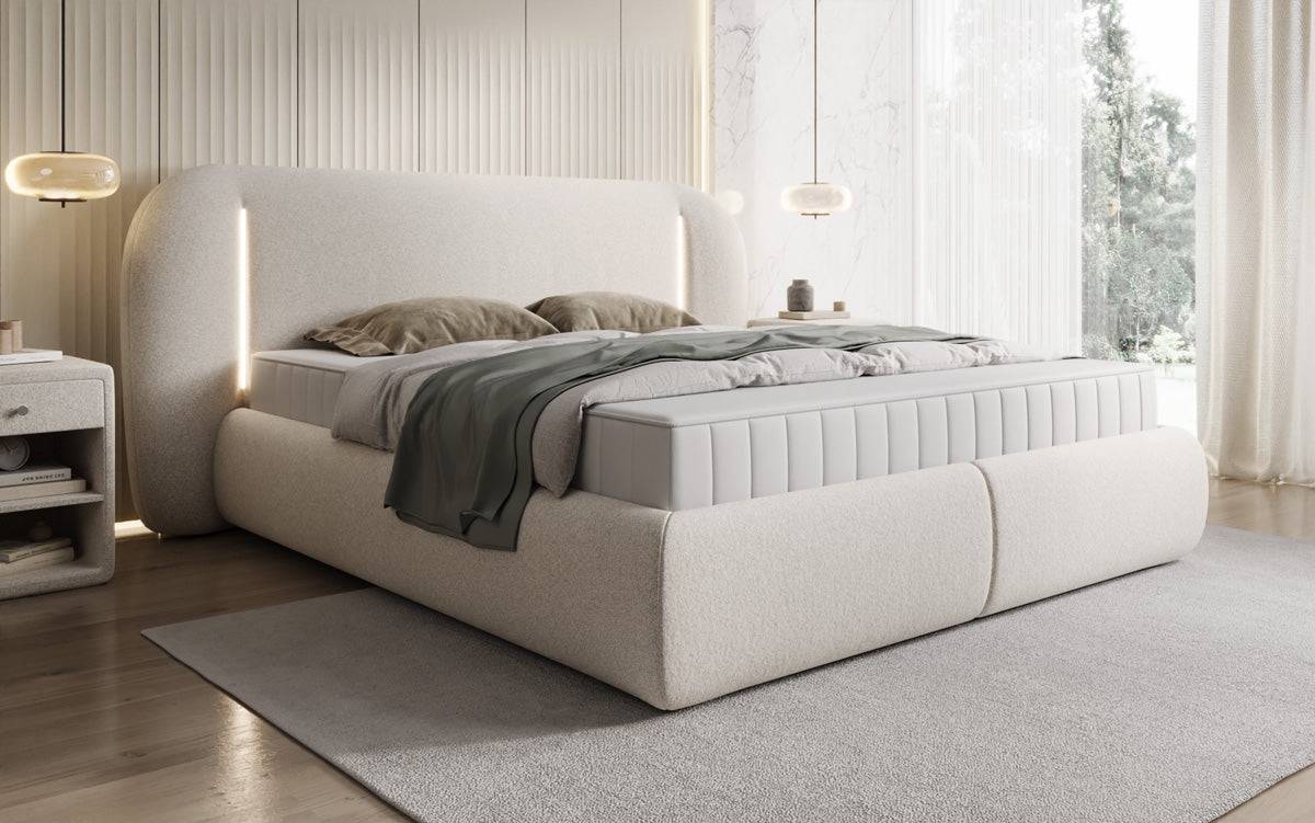Designer gestoffeerd bed Momo in structuurstof met opbergruimte en ledverlichting