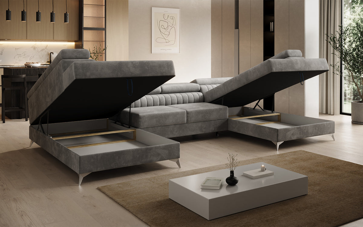 Designerbank Aurea U met slaap- en klapfunctie in Fluweel