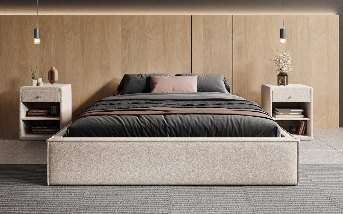 Designer gestoffeerd bed Base met opbergruimte zonder hoofdbord in structuurstof