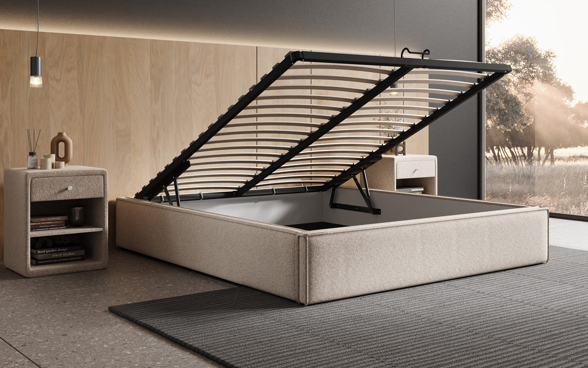 Designer gestoffeerd bed Base met opbergruimte zonder hoofdbord in structuurstof