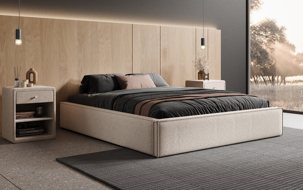 Designer gestoffeerd bed Base met opbergruimte zonder hoofdbord in structuurstof