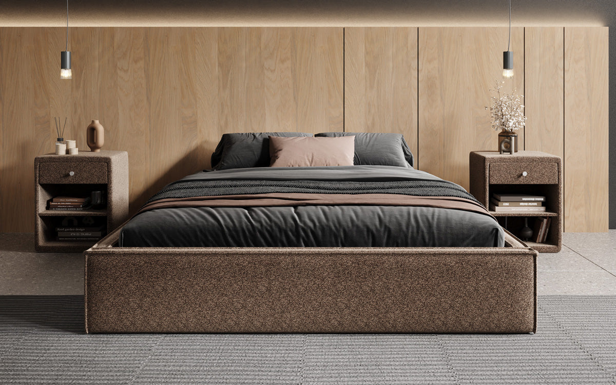 Designer gestoffeerd bed Base met opbergruimte zonder hoofdbord in structuurstof