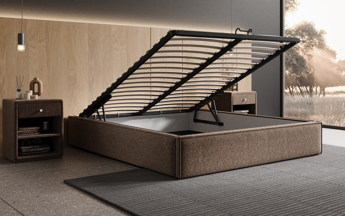 Designer gestoffeerd bed Base met opbergruimte zonder hoofdbord in structuurstof