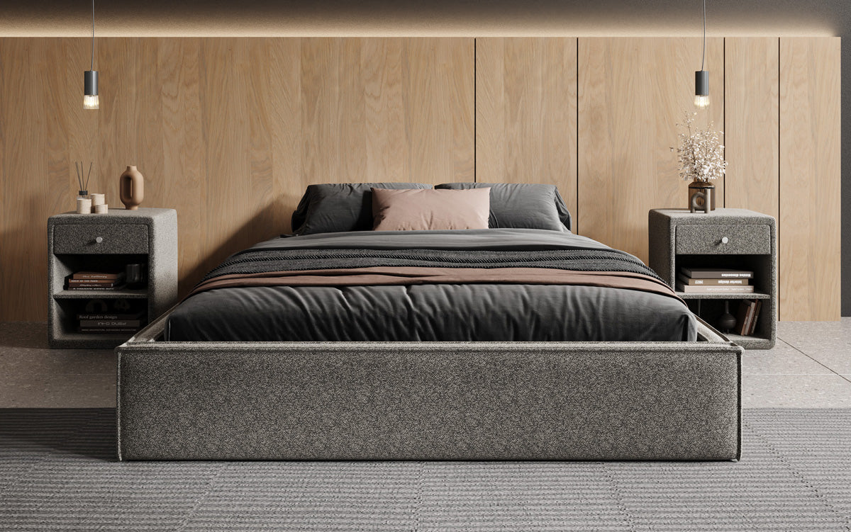 Designer gestoffeerd bed Base met opbergruimte zonder hoofdbord in structuurstof