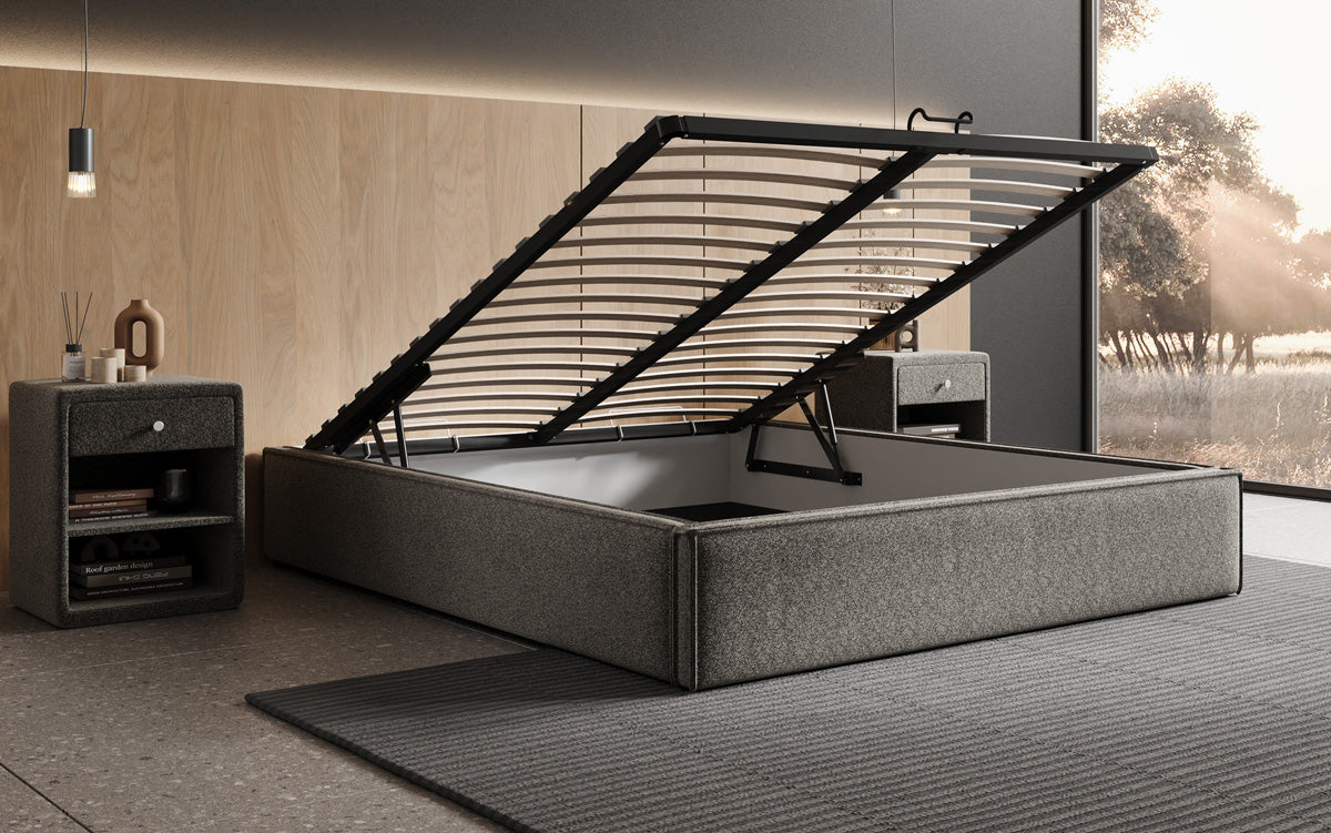 Designer gestoffeerd bed Base met opbergruimte zonder hoofdbord in structuurstof