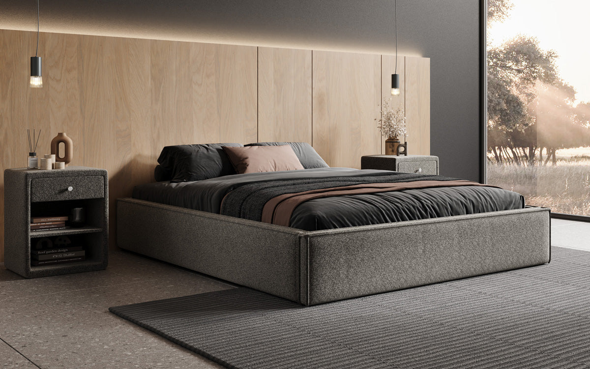 Designer gestoffeerd bed Base met opbergruimte zonder hoofdbord in structuurstof