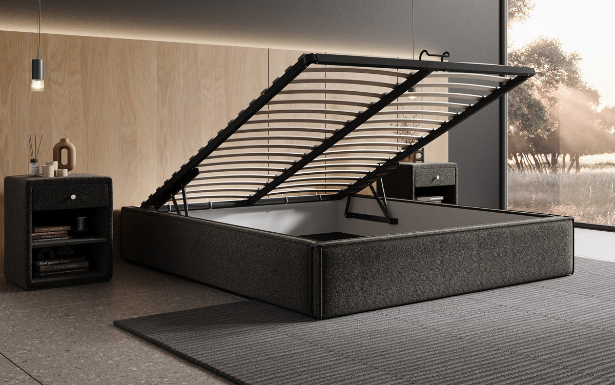 Designer gestoffeerd bed Base met opbergruimte zonder hoofdbord in structuurstof