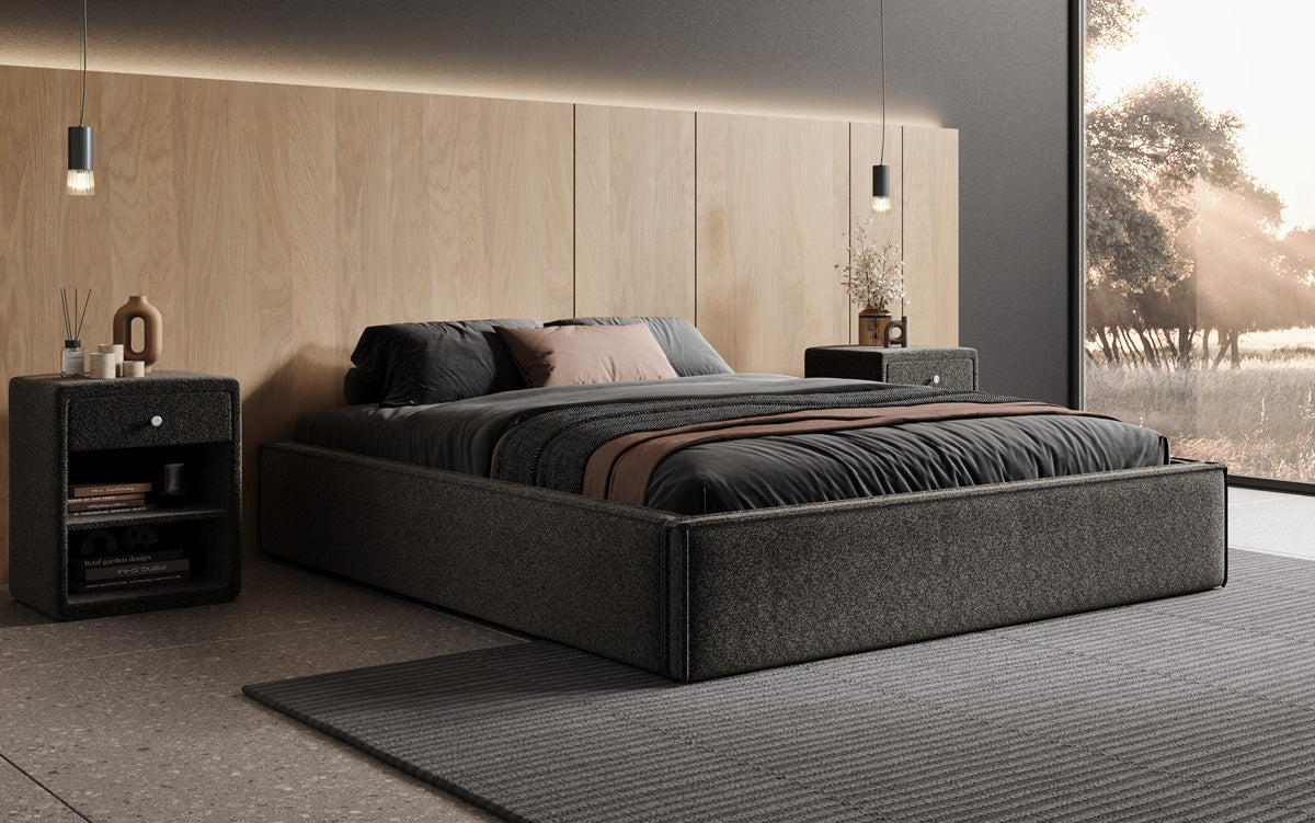 Designer gestoffeerd bed Base met opbergruimte zonder hoofdbord in structuurstof