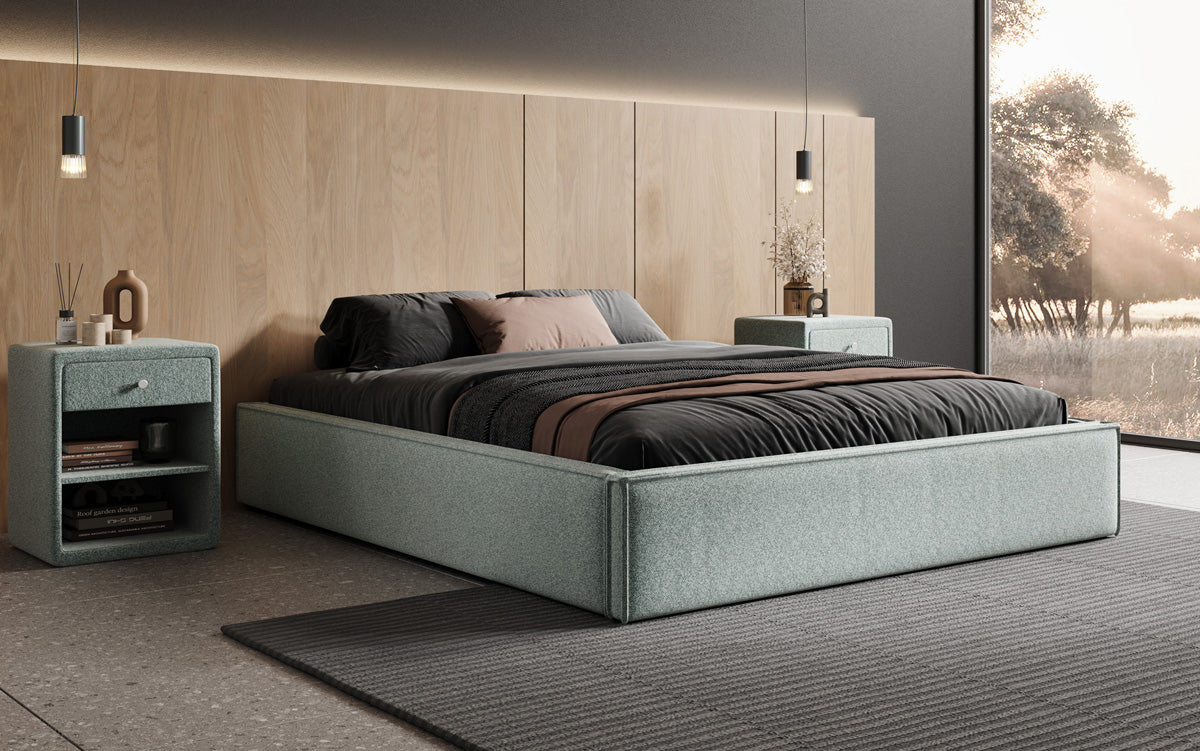 Designer gestoffeerd bed Base met opbergruimte zonder hoofdbord in structuurstof