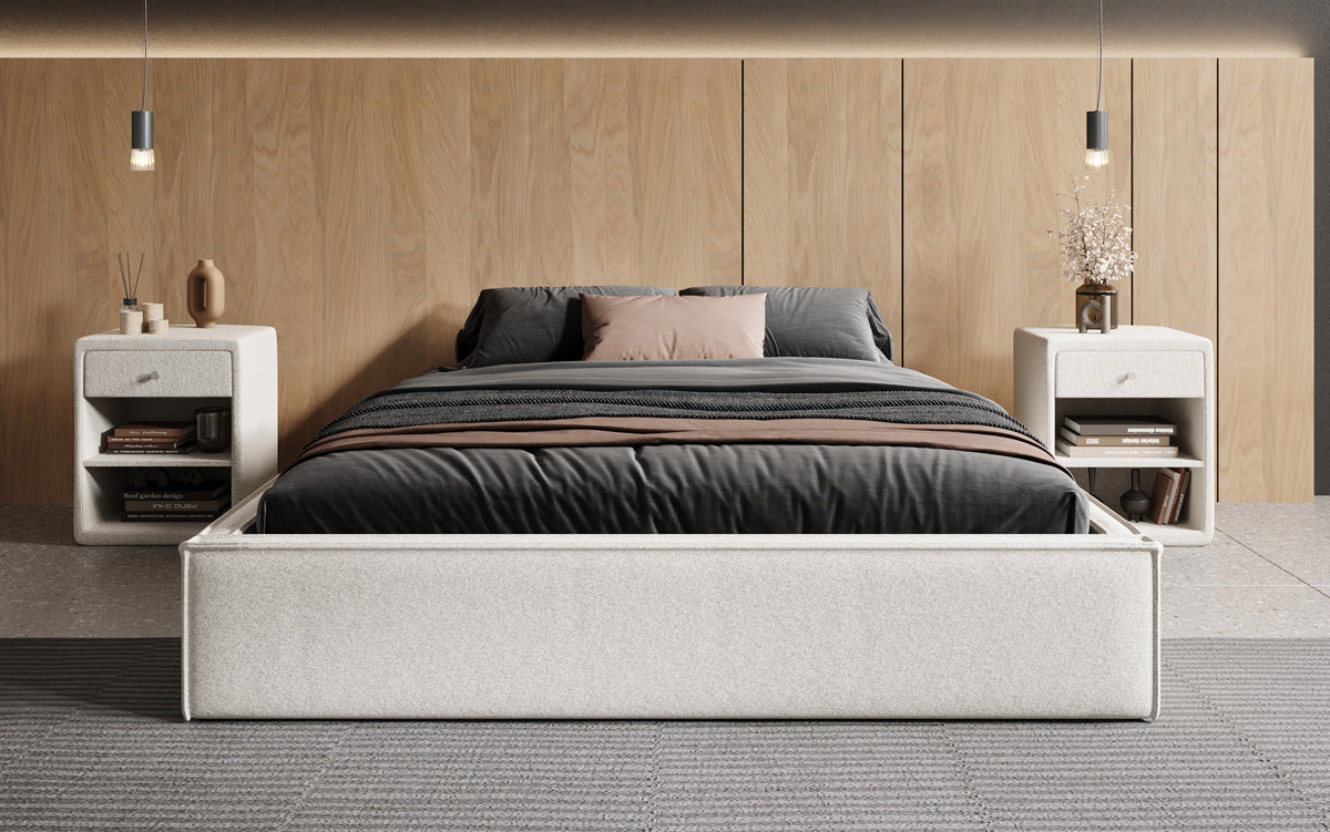 Designer gestoffeerd bed Base met opbergruimte zonder hoofdbord in structuurstof