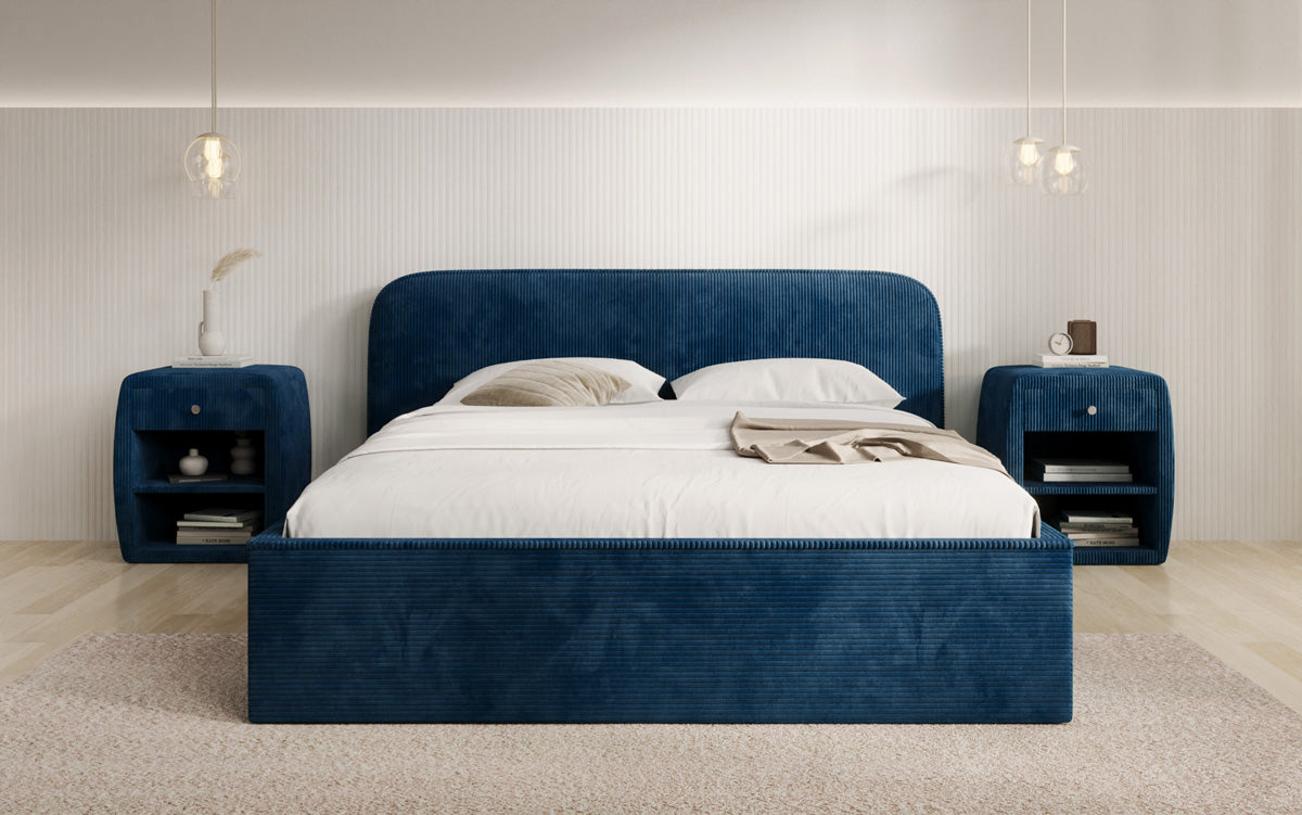Designer gestoffeerd bed Nola in Ribstof met opbergruimte
