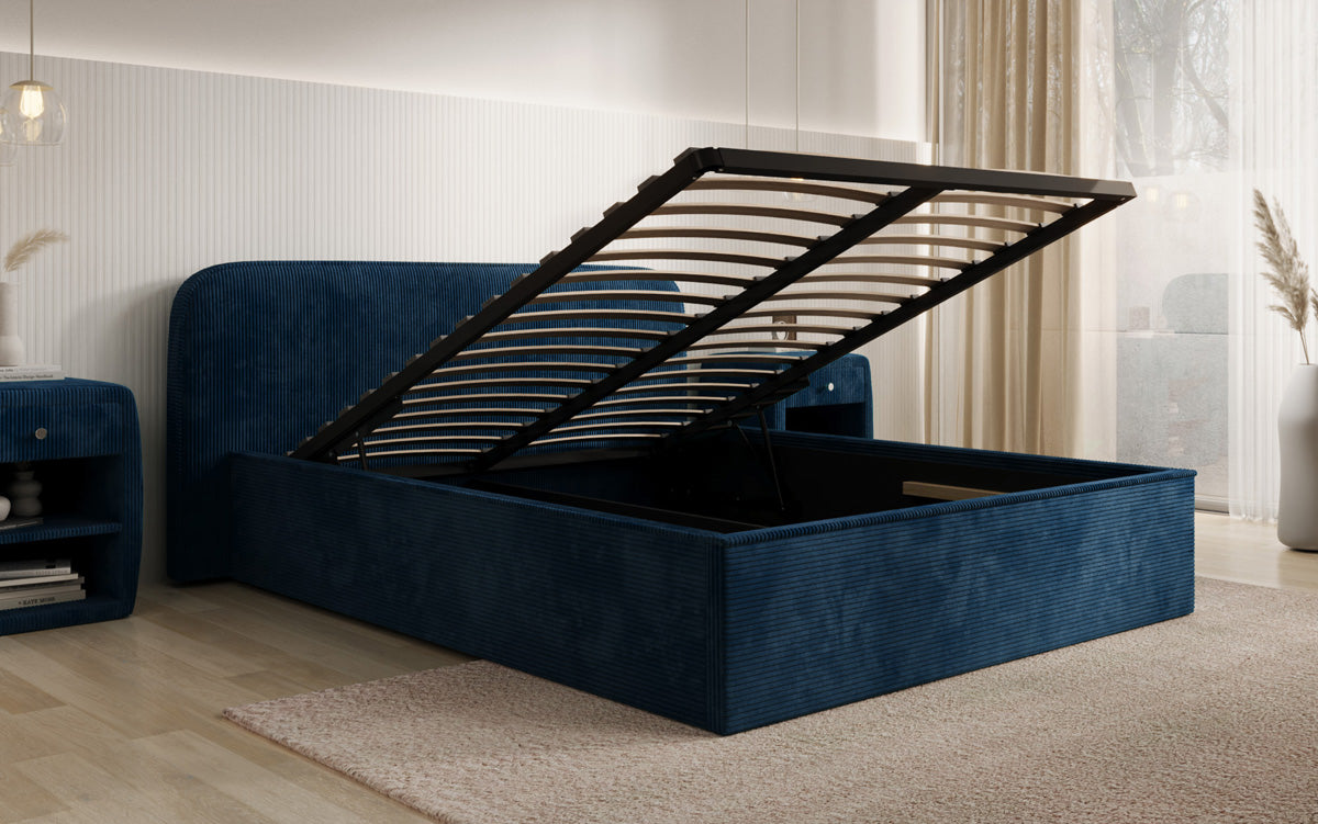 Designer gestoffeerd bed Nola in Ribstof met opbergruimte