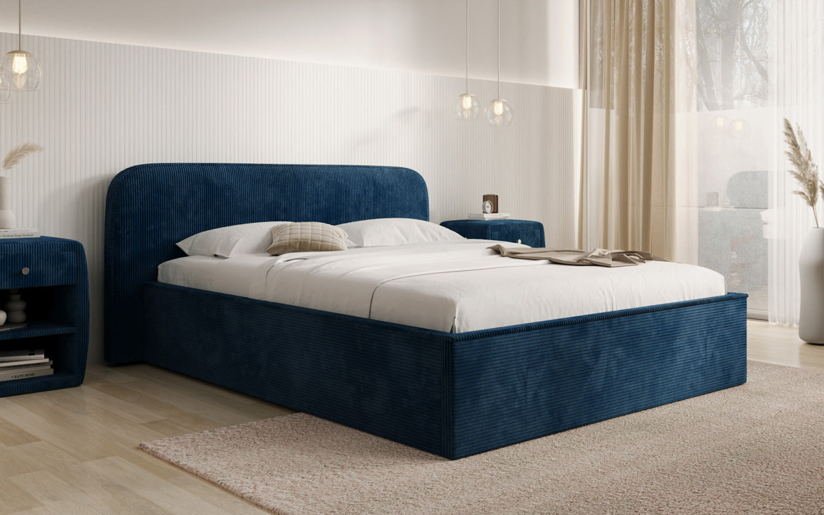Designer gestoffeerd bed Nola in Ribstof met opbergruimte