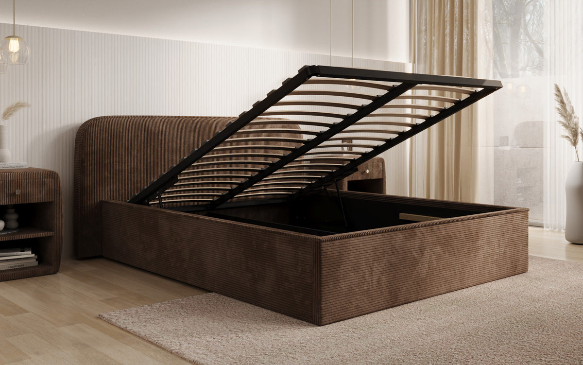 Designer gestoffeerd bed Nola in Ribstof met opbergruimte