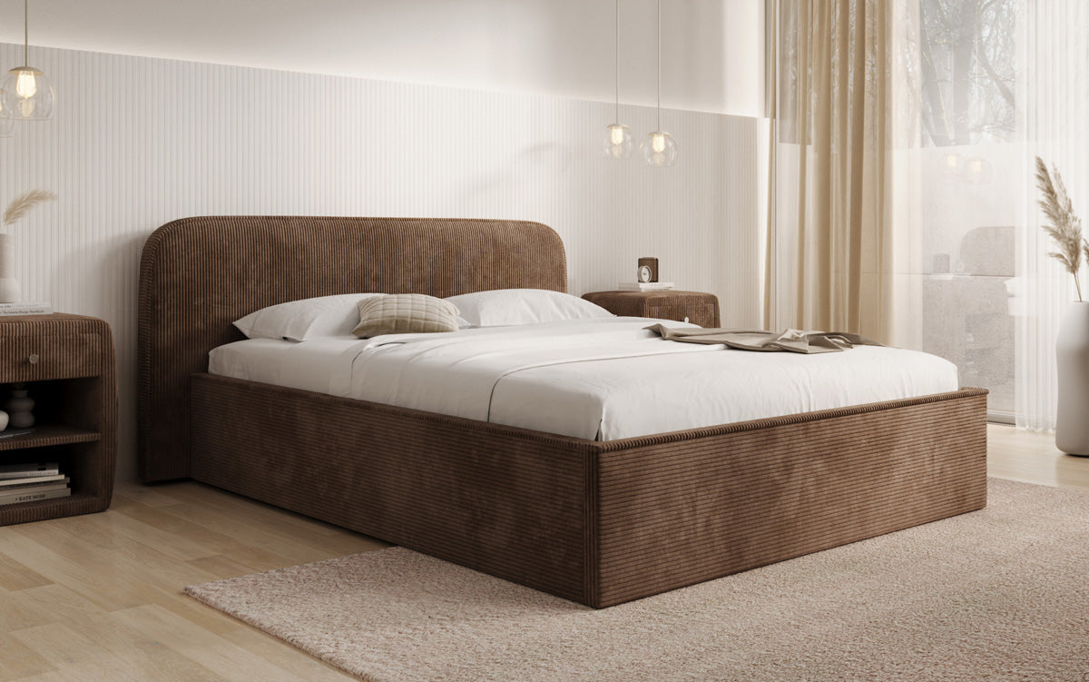 Designer gestoffeerd bed Nola in Ribstof met opbergruimte