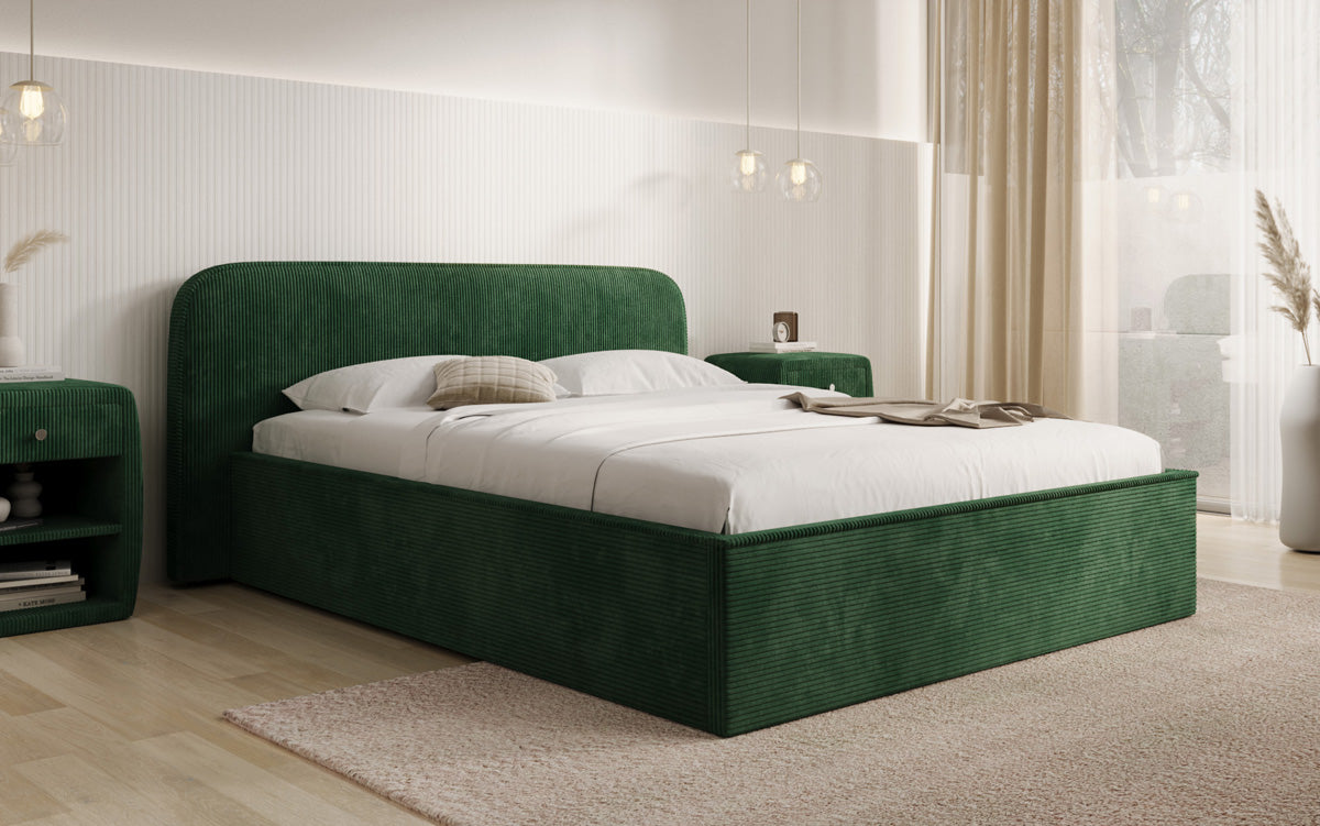 Designer gestoffeerd bed Nola in Ribstof met opbergruimte