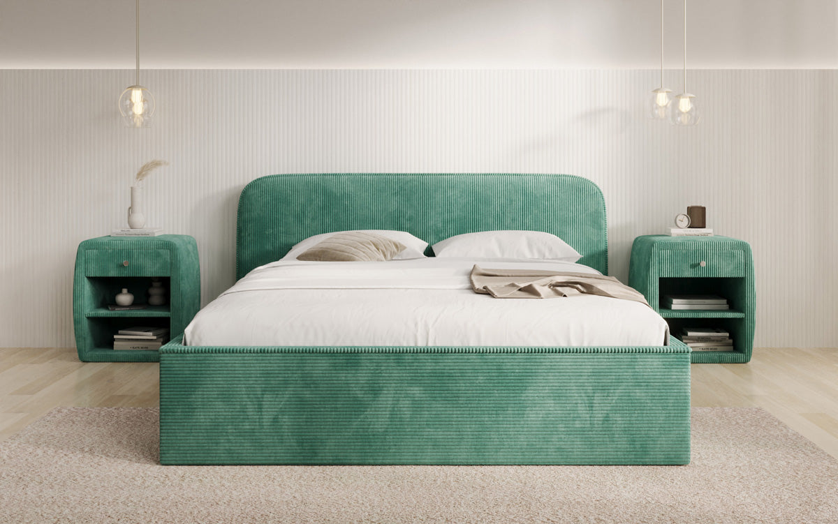 Designer gestoffeerd bed Nola in Ribstof met opbergruimte