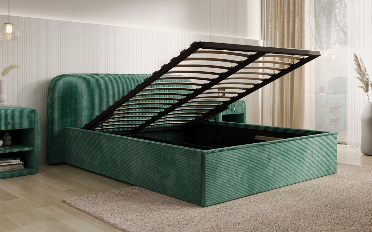 Designer gestoffeerd bed Nola in Ribstof met opbergruimte