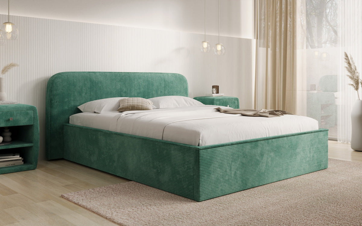 Designer gestoffeerd bed Nola in Ribstof met opbergruimte