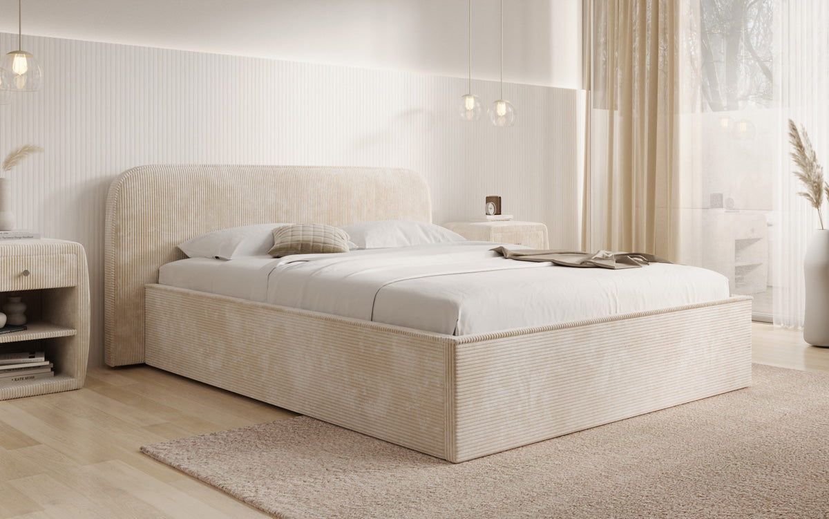 Designer gestoffeerd bed Nola in Ribstof met opbergruimte