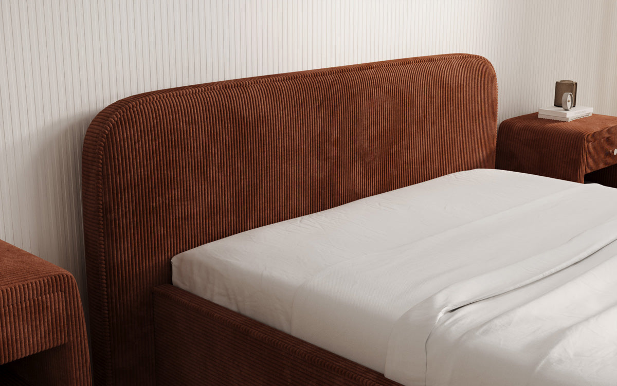 Designer gestoffeerd bed Nola in Ribstof met opbergruimte