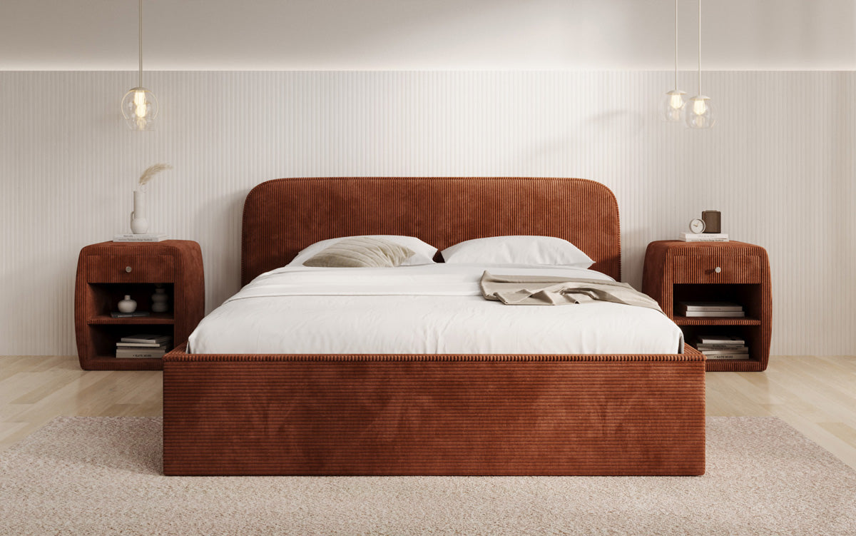 Designer gestoffeerd bed Nola in Ribstof met opbergruimte