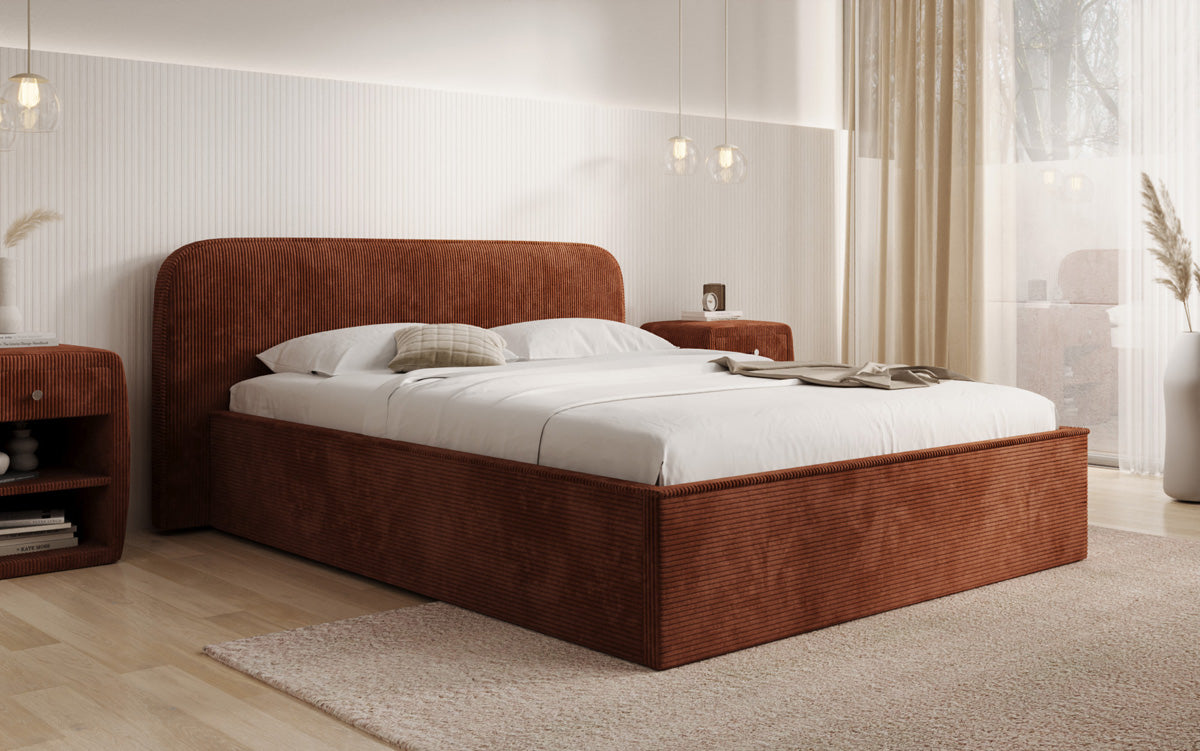 Designer gestoffeerd bed Nola in Ribstof met opbergruimte