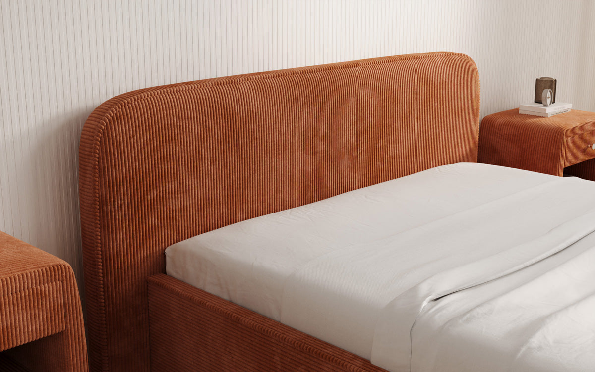 Designer gestoffeerd bed Nola in Ribstof met opbergruimte