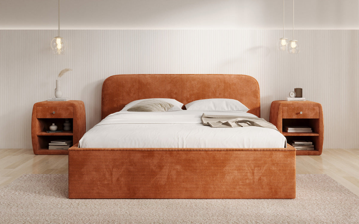 Designer gestoffeerd bed Nola in Ribstof met opbergruimte