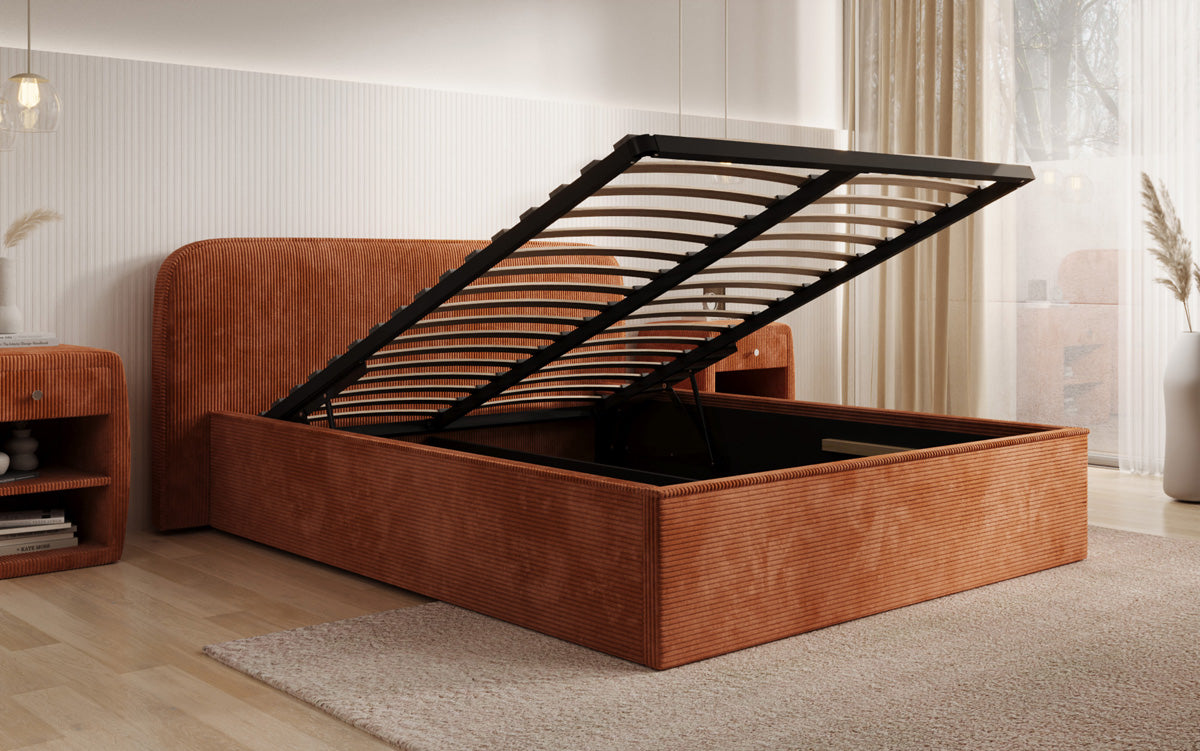 Designer gestoffeerd bed Nola in Ribstof met opbergruimte