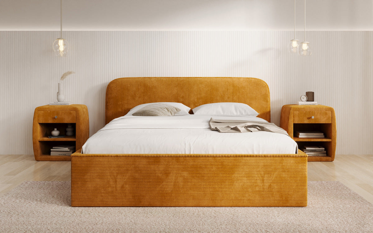 Designer gestoffeerd bed Nola in Ribstof met opbergruimte