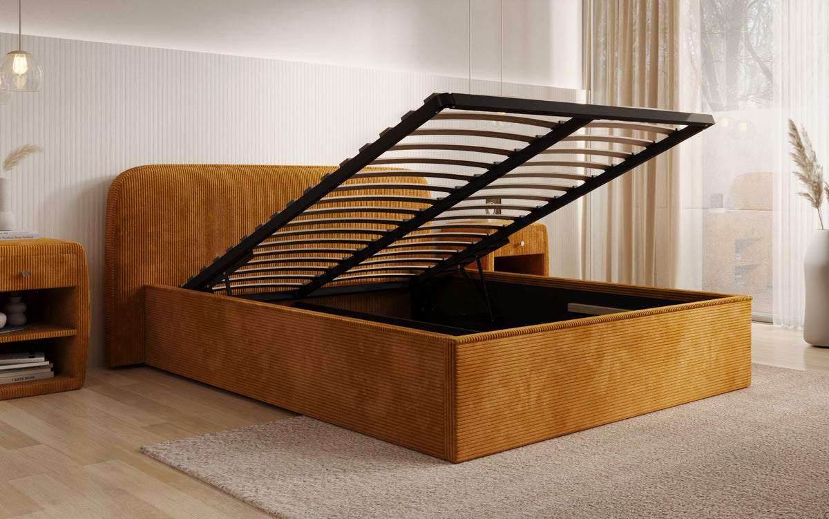 Designer gestoffeerd bed Nola in Ribstof met opbergruimte