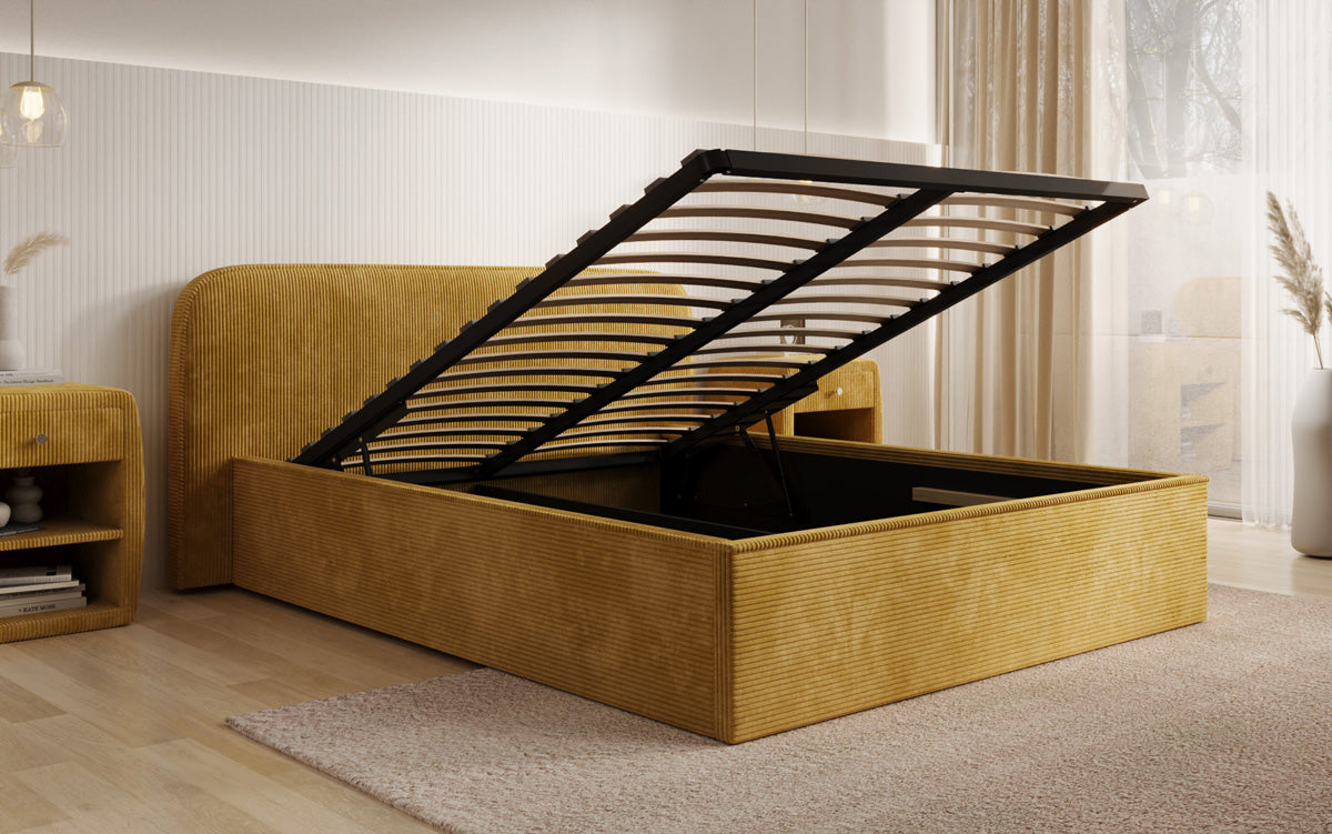Designer gestoffeerd bed Nola in Ribstof met opbergruimte