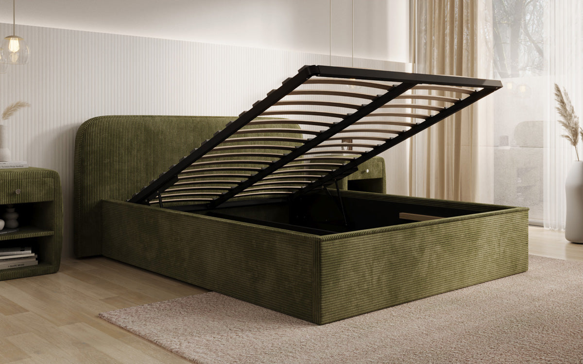 Designer gestoffeerd bed Nola in Ribstof met opbergruimte