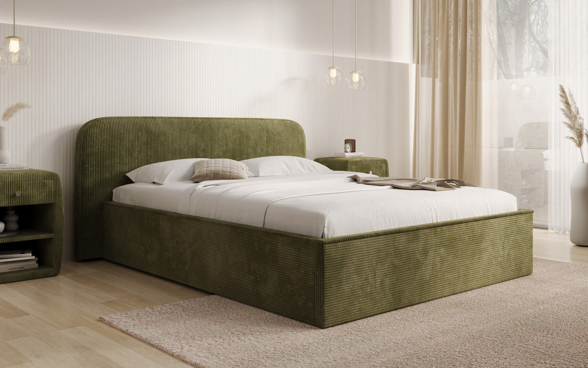 Designer gestoffeerd bed Nola in Ribstof met opbergruimte