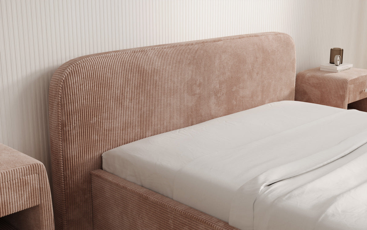 Designer gestoffeerd bed Nola in Ribstof met opbergruimte