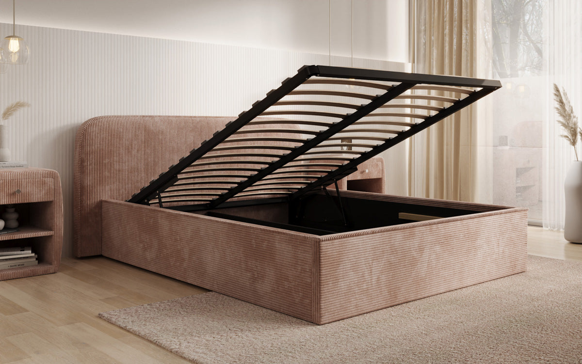 Designer gestoffeerd bed Nola in Ribstof met opbergruimte