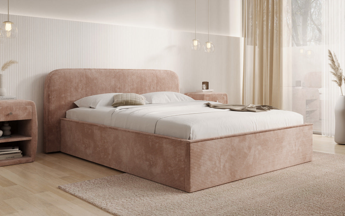 Designer gestoffeerd bed Nola in Ribstof met opbergruimte
