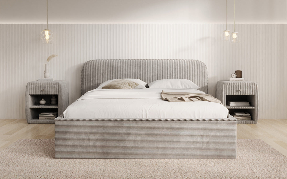 Designer gestoffeerd bed Nola in Ribstof met opbergruimte