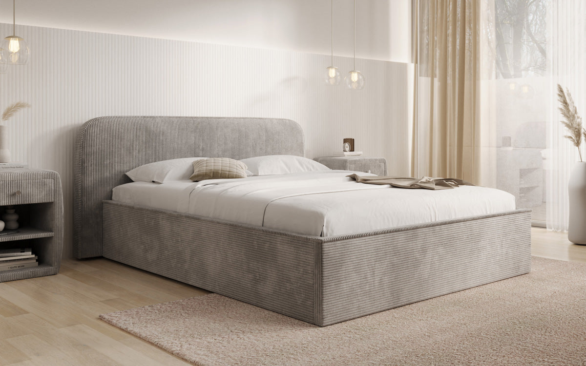 Designer gestoffeerd bed Nola in Ribstof met opbergruimte