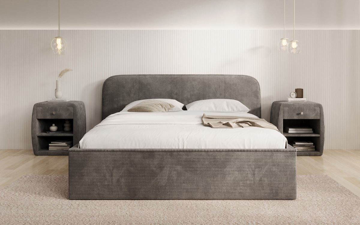 Designer gestoffeerd bed Nola in Ribstof met opbergruimte